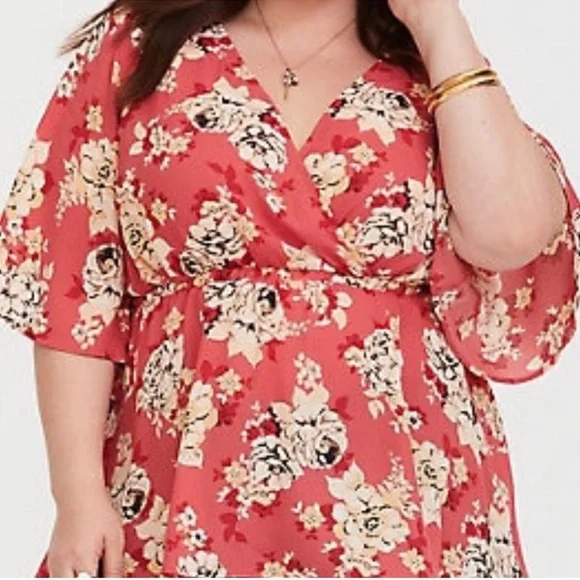 FLORAL WRAP GEORGETTE BABYDOLL BLOUSE CORAL Size 00 - Picture 7 of 15